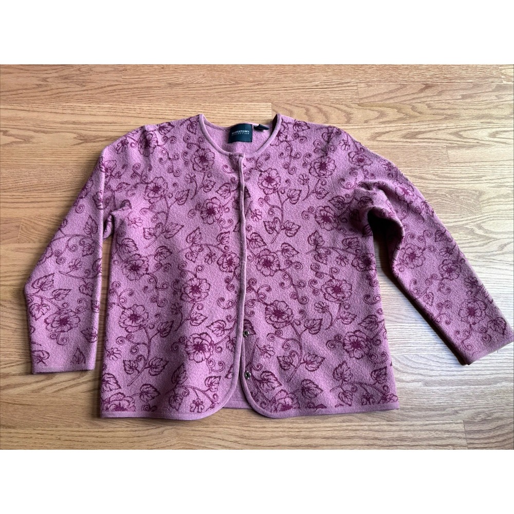 BridgetownCollection‎ Wool Sweater  Cardigan Women's Large Pink Snaps Floral VTG